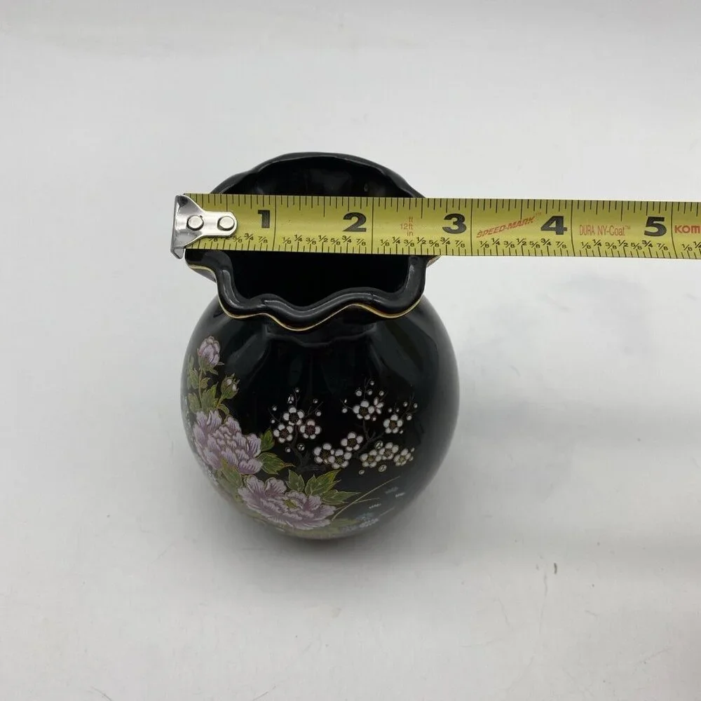 Vintage Japanese Black Floral Ceramic Vase‎ Ruffled Rim Gold Trim Cottagecore